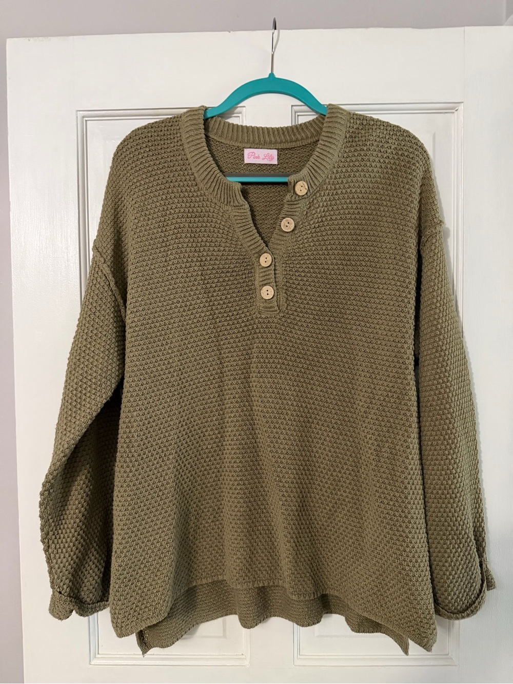 Pink Lily Olive Waffle Knit Henley Sweater